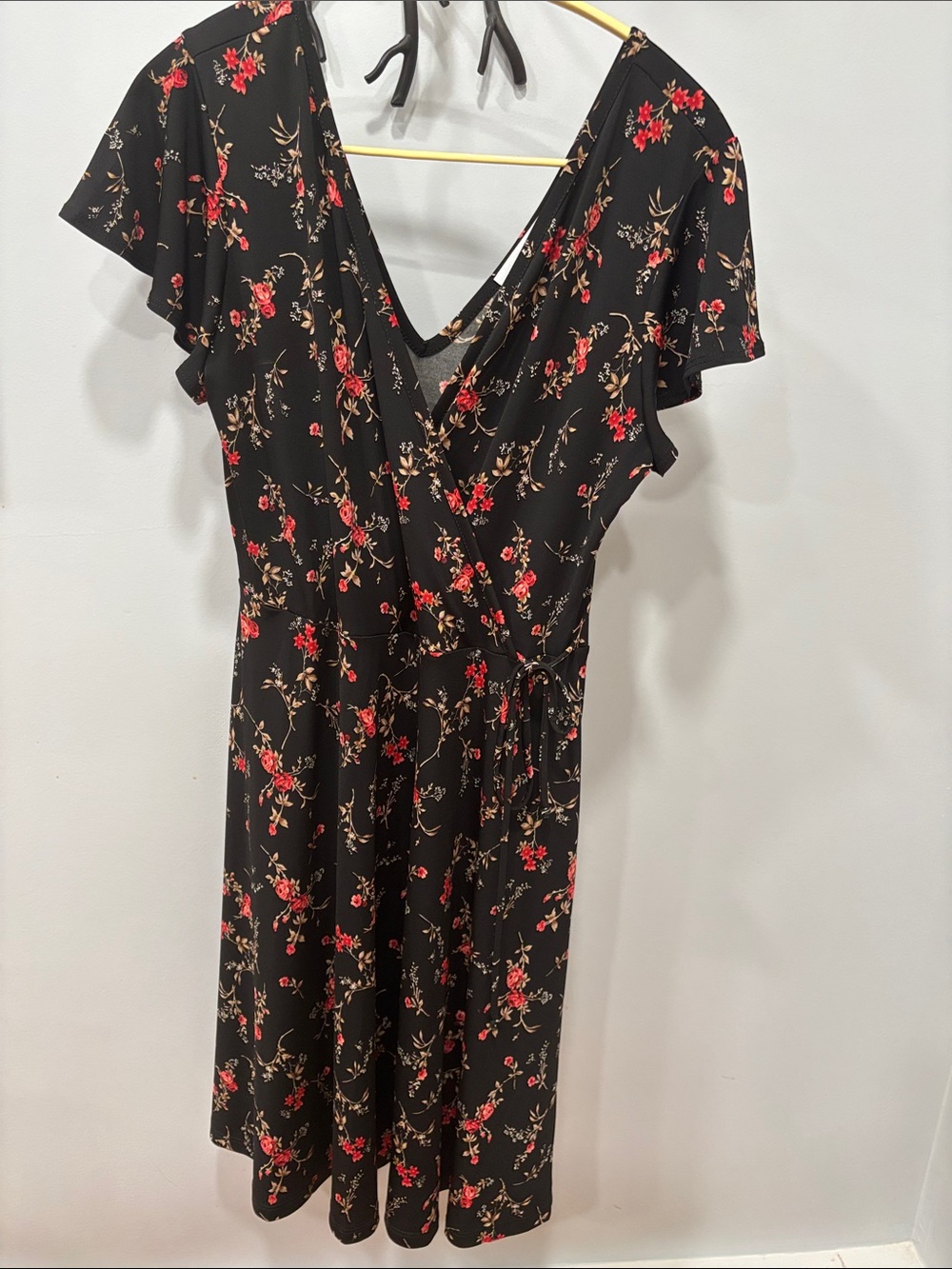 Kaileigh Black Wrap Dress with Red Floral Print